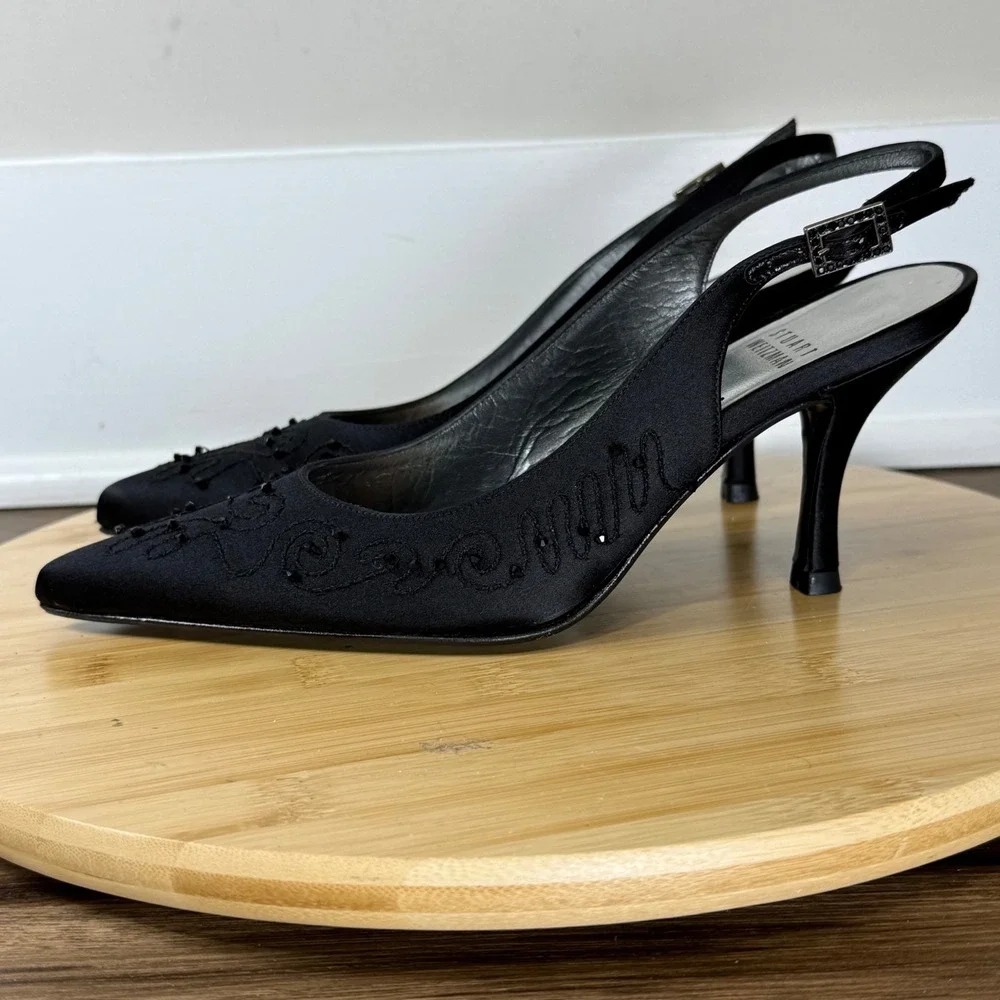 Stuart Weitzman Slingback Heels Women 6.5M Black Beaded Embroidered Eveningwear
